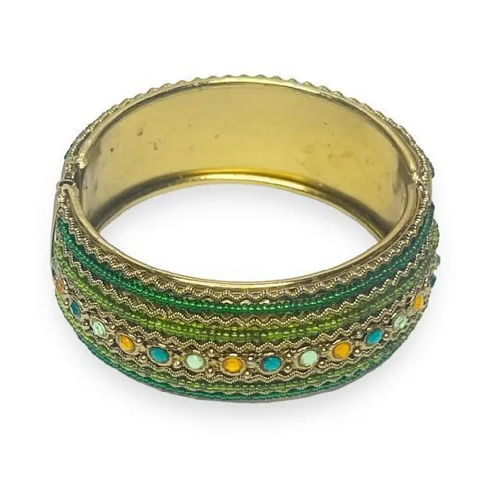 Bangle Bracelet‎ Jeweled Aqua Green Beads Hinged Mid Century Vintage